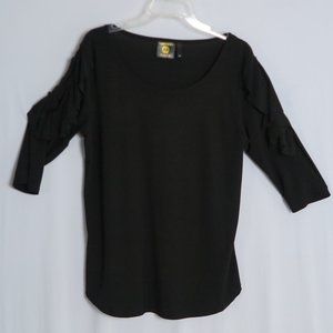VECCELI ITALY Black Ruffled 3/4 Sleeve Slinky Top Size M